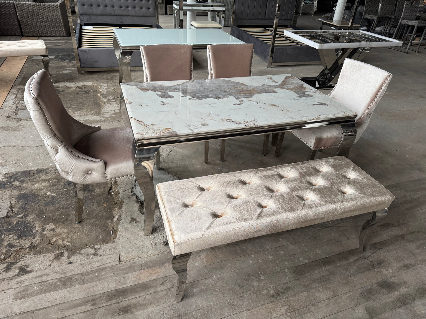 Louis 1.5m Dining Set with Kensington Chairs and Bench