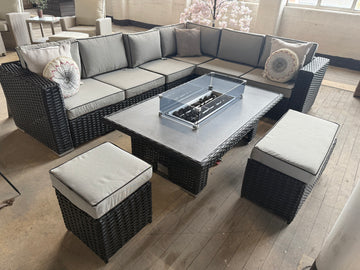 Ex Display Santa Monica Black Edition Corner Sofa with Rise and Fall Fire Pit Dining Table