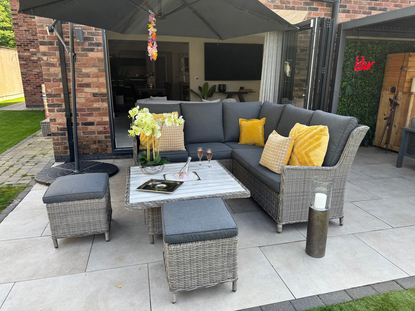 Bali Corner Sofa with Rise and Fall Ice Bucket Dining Table Grey
