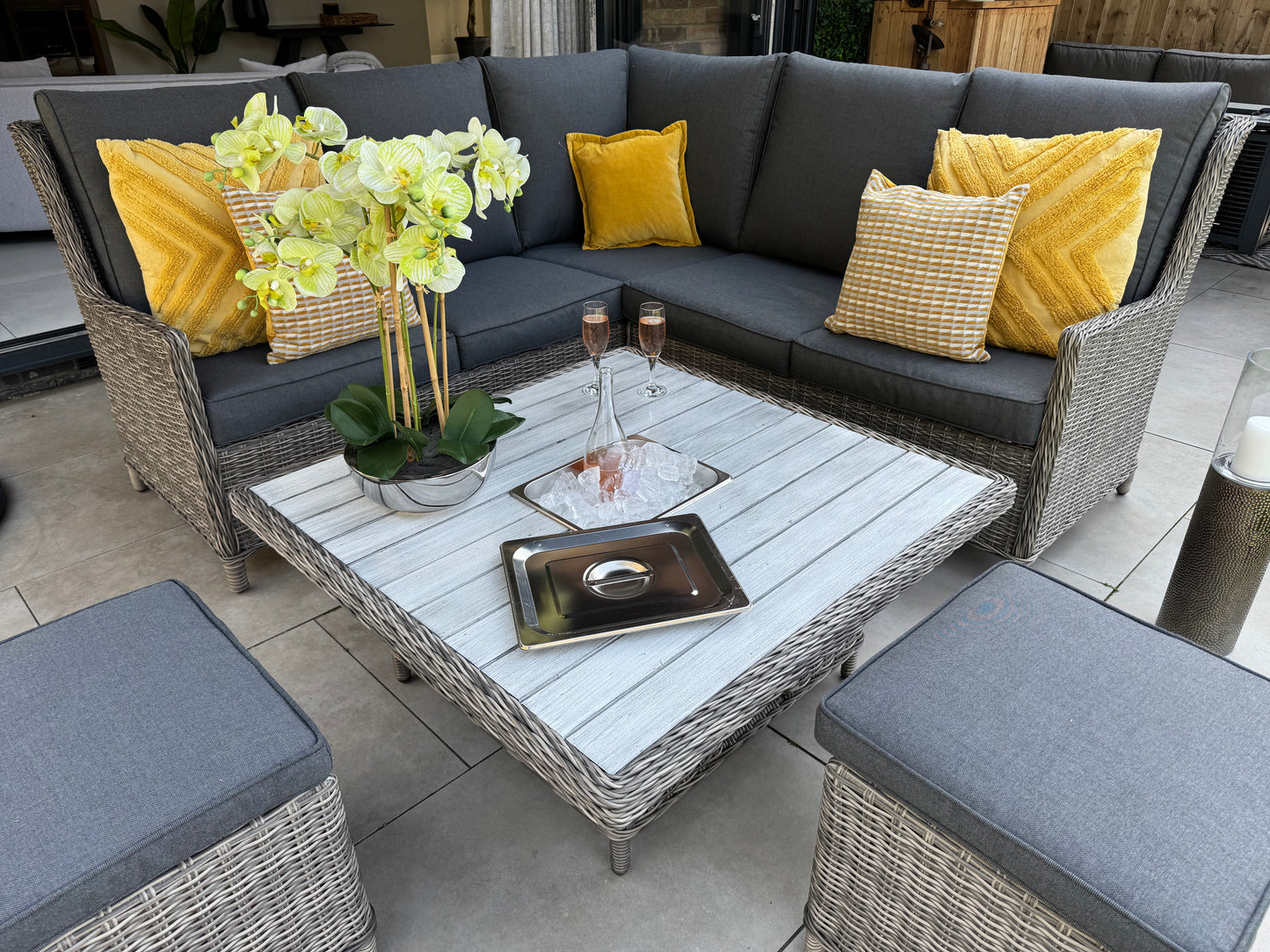 Bali Corner Sofa with Rise and Fall Ice Bucket Dining Table Grey
