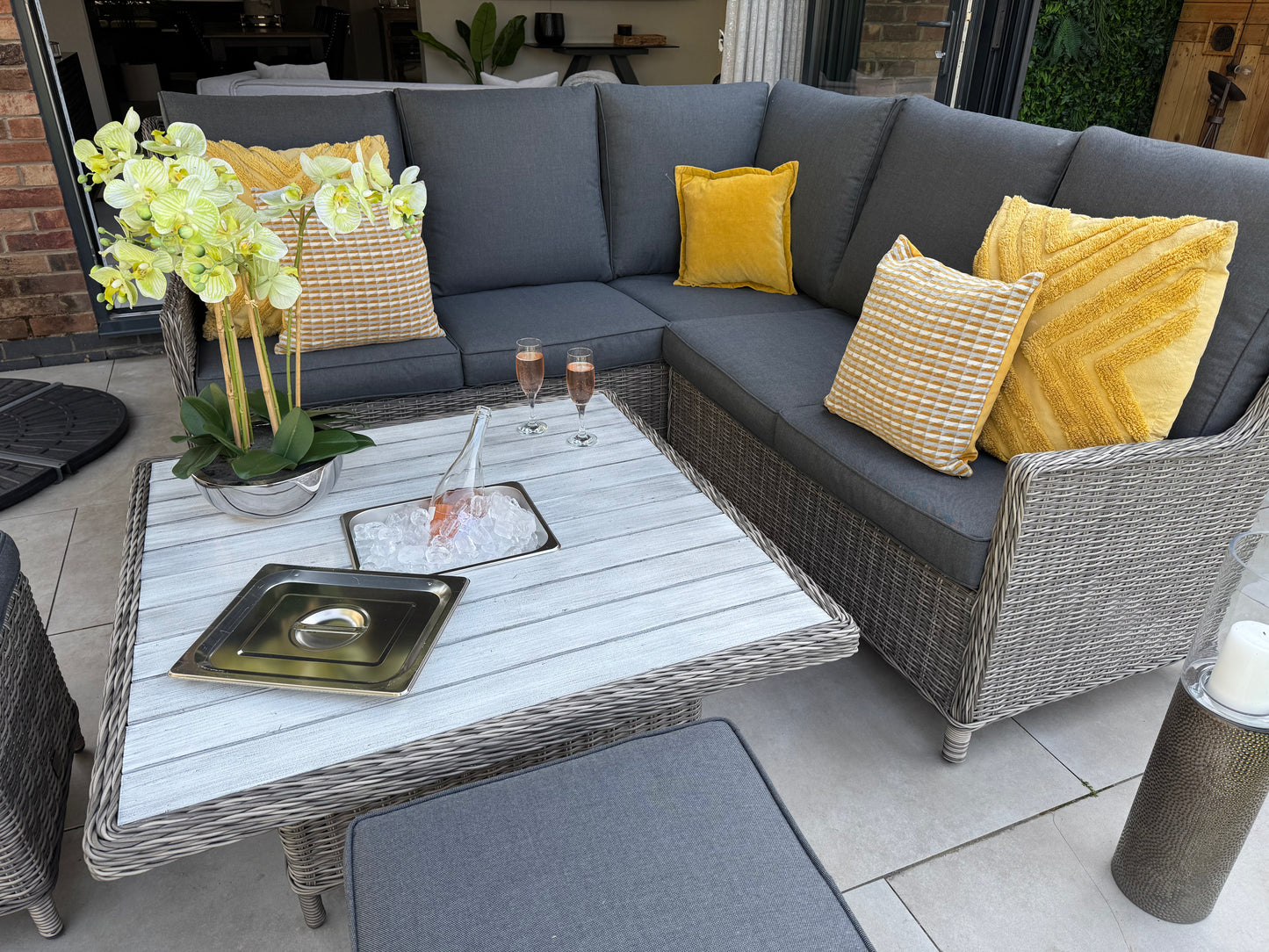 Bali Corner Sofa with Rise and Fall Ice Bucket Dining Table Grey