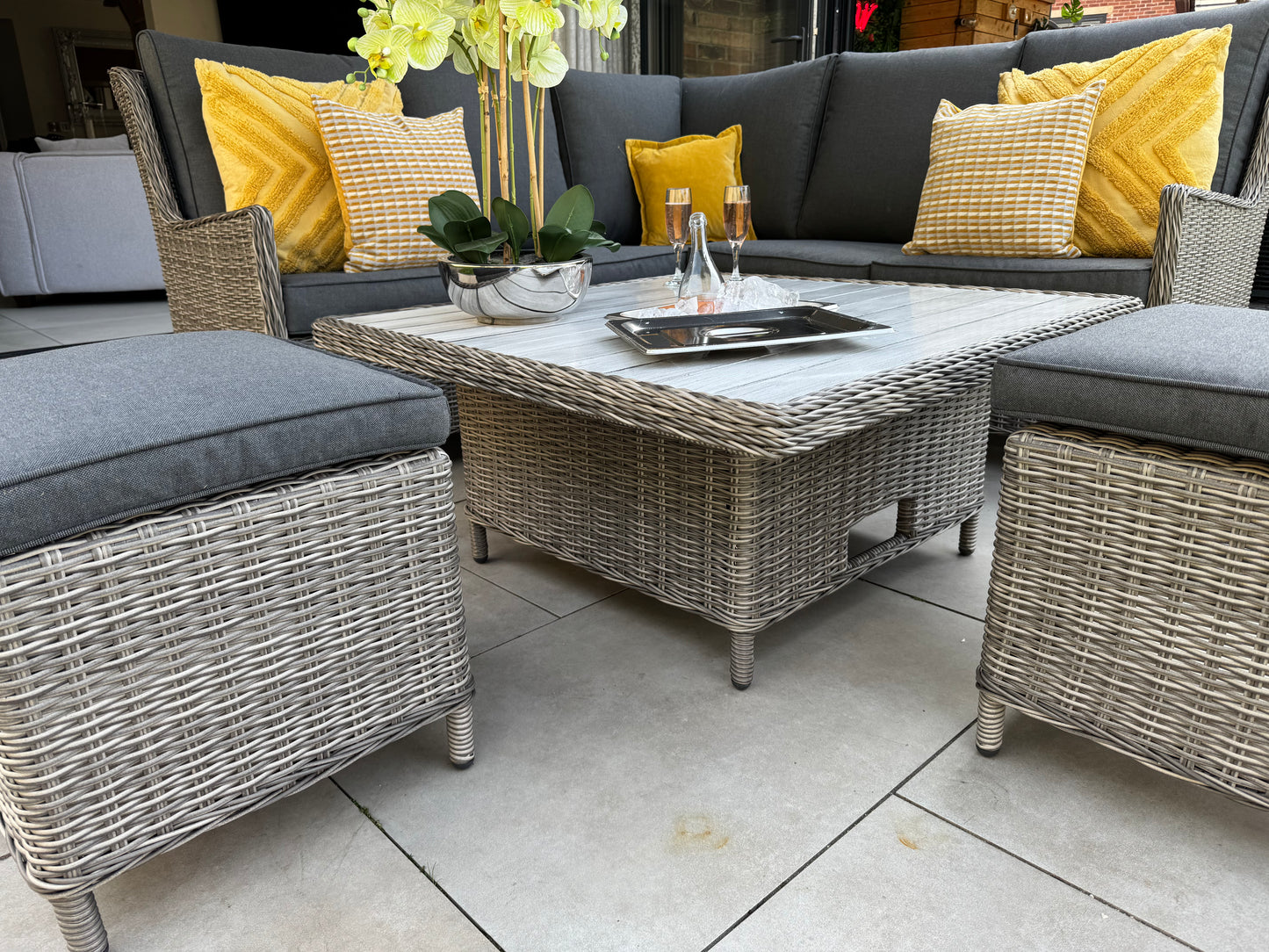 Bali Corner Sofa with Rise and Fall Ice Bucket Dining Table Grey