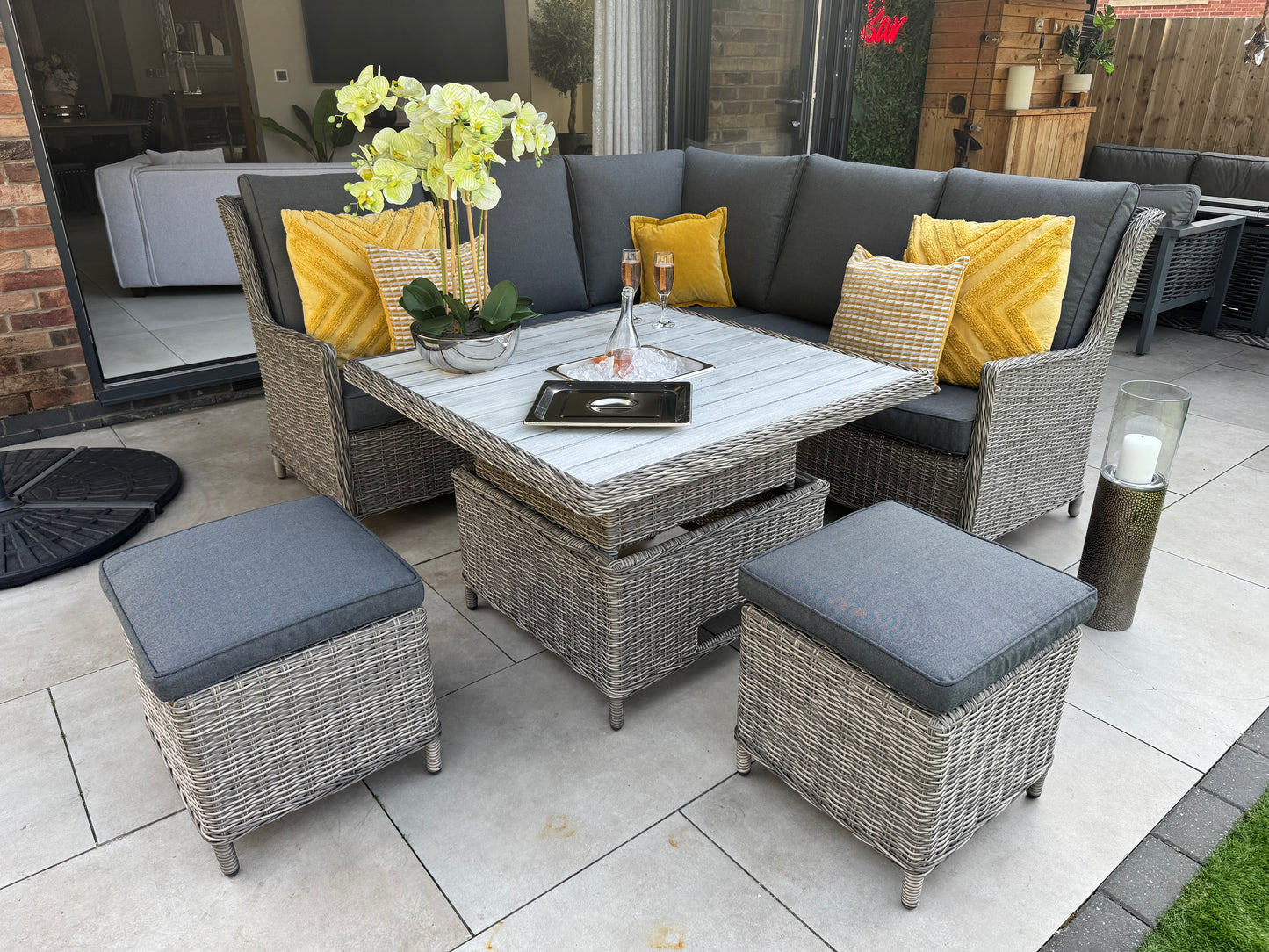 Bali Corner Sofa with Rise and Fall Ice Bucket Dining Table Grey