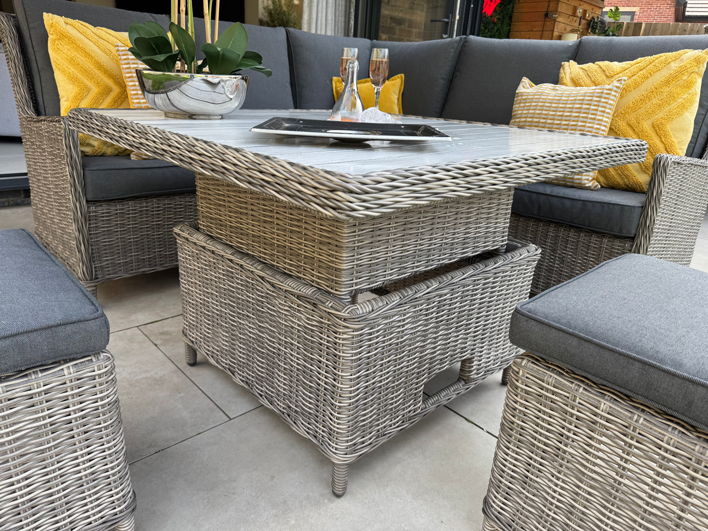 Bali Corner Sofa with Rise and Fall Ice Bucket Dining Table Grey
