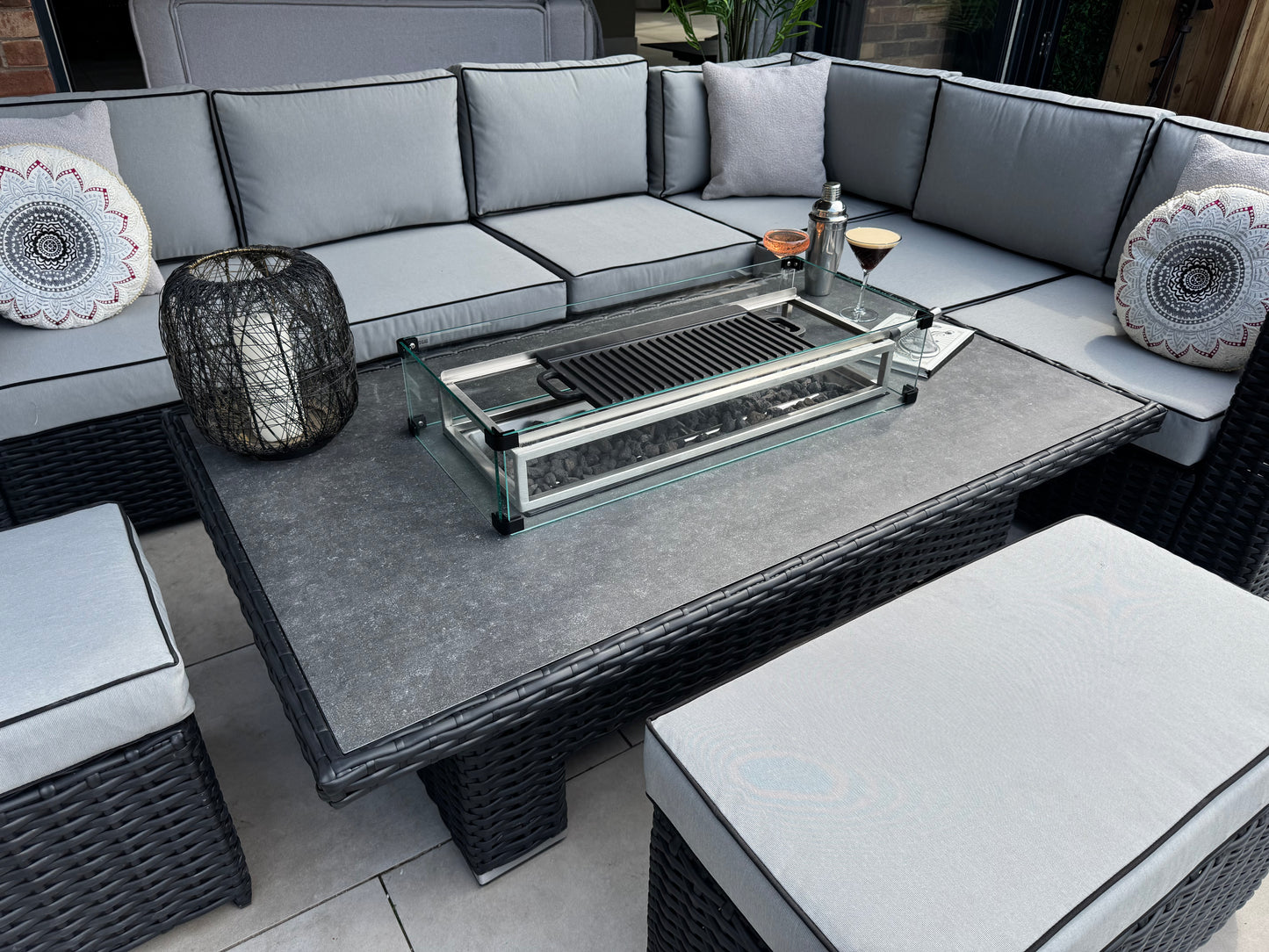 Santa Monica Black Edition Corner Sofa with Rise and Fall Fire Pit Dining Table