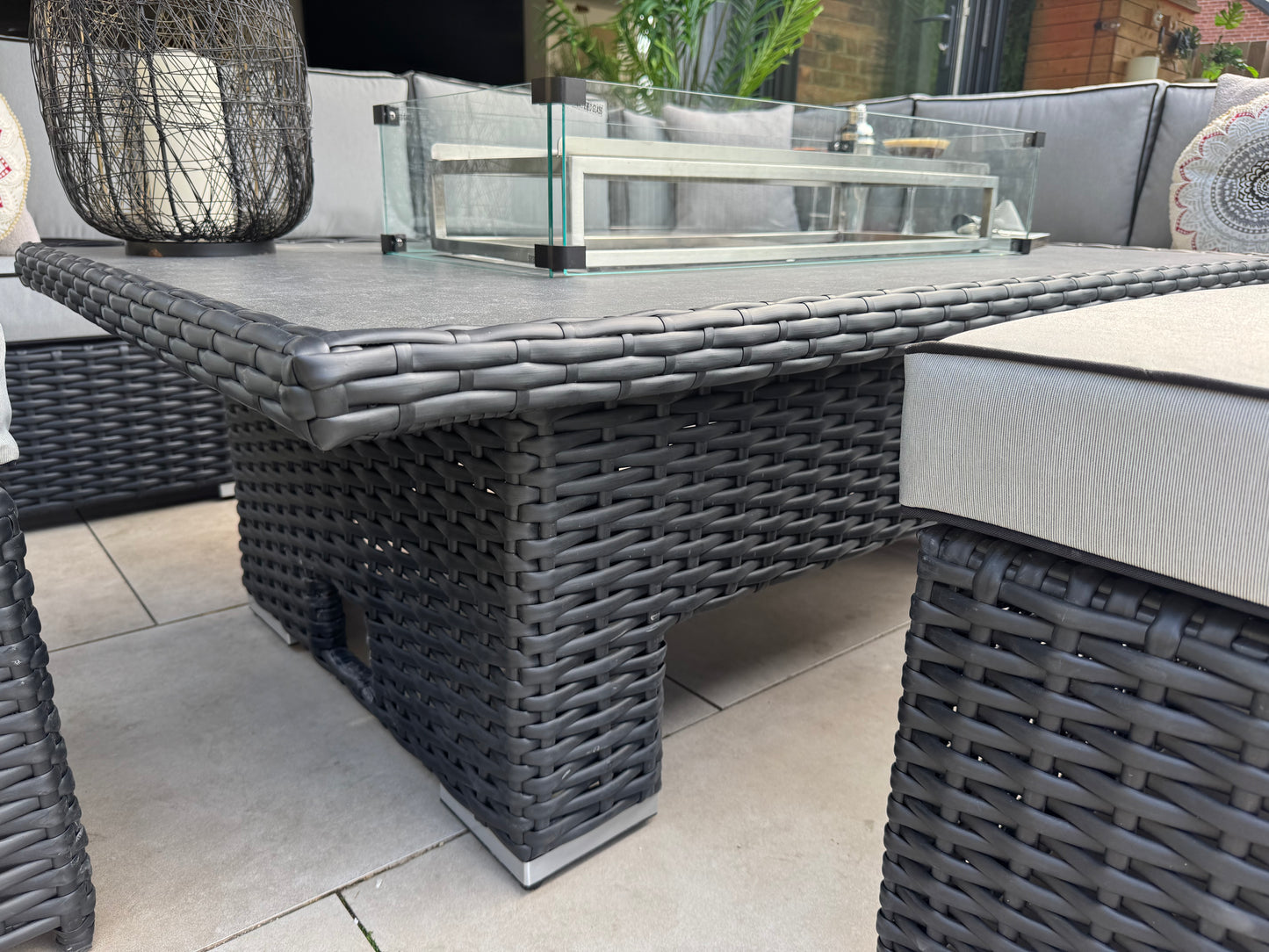 Santa Monica Black Edition Corner Sofa with Rise and Fall Fire Pit Dining Table