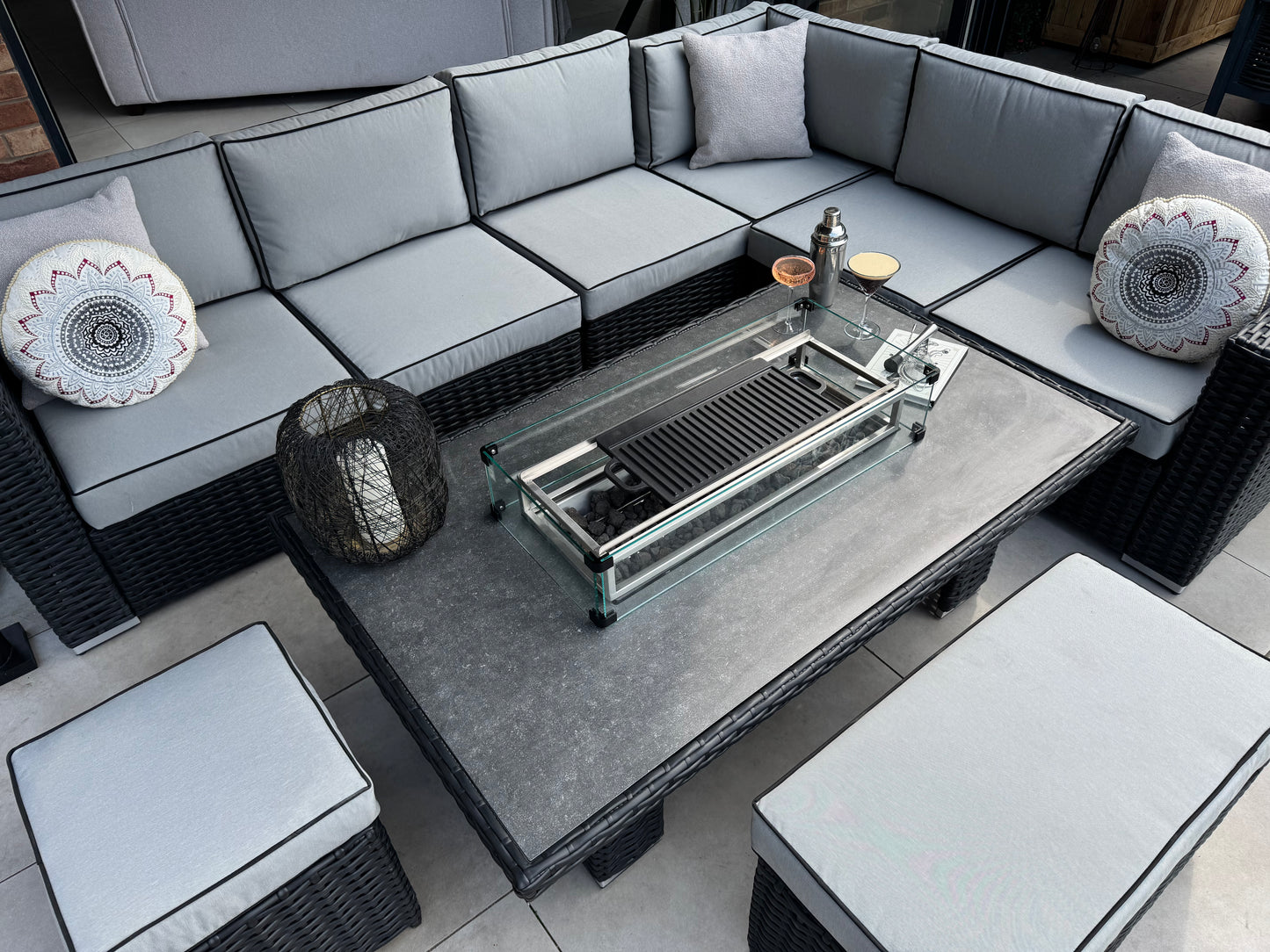 Santa Monica Black Edition Corner Sofa with Rise and Fall Fire Pit Dining Table