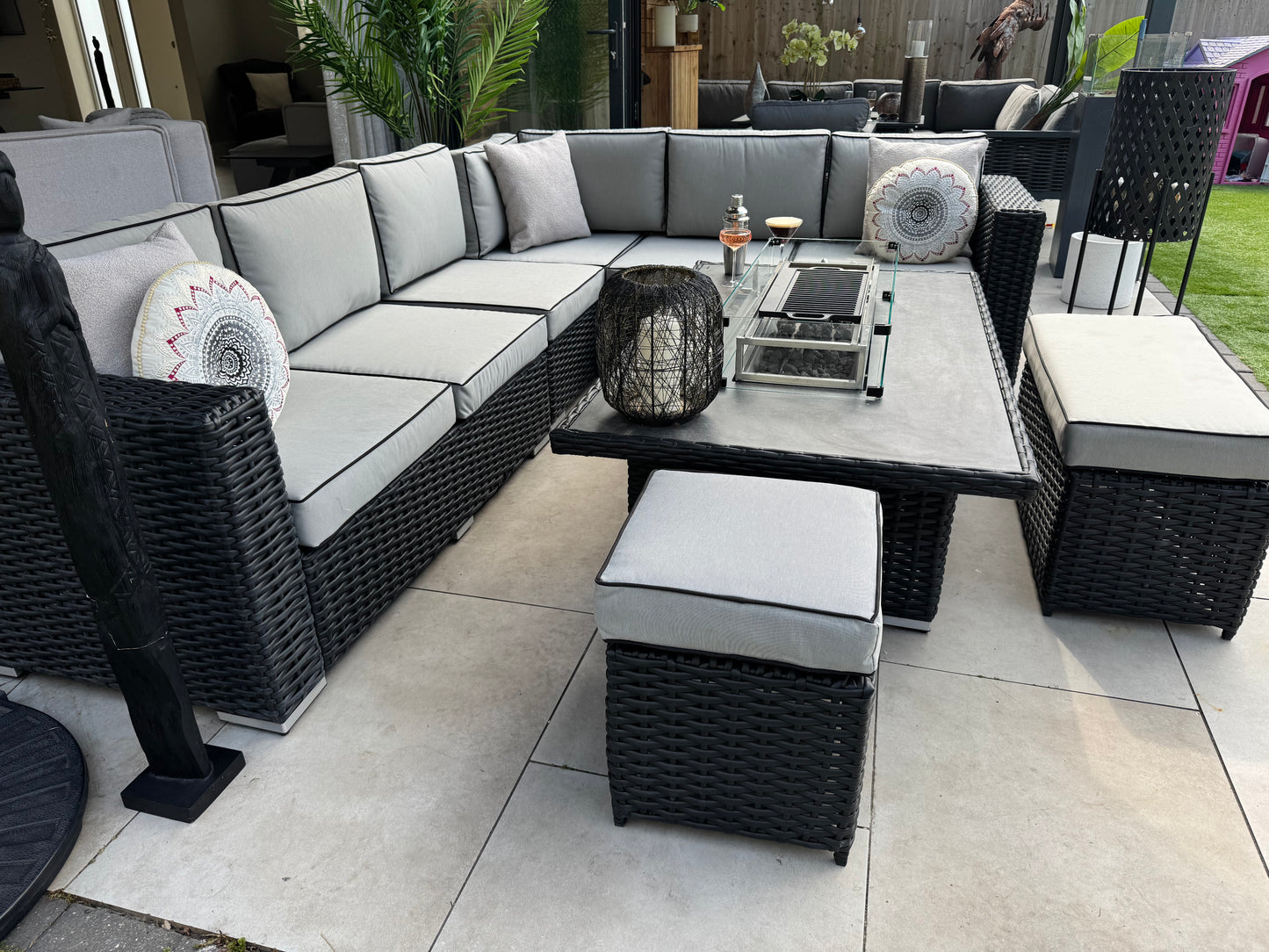 Santa Monica Black Edition Corner Sofa with Rise and Fall Fire Pit Dining Table