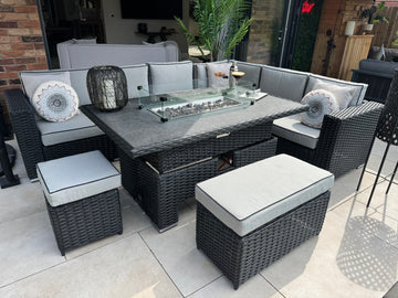 Santa Monica Black Edition Corner Sofa with Rise and Fall Fire Pit Dining Table - Bundle Buster Sale - INCLUDES FREE PARASOL WITH WEIGHTS AND FREE COVER!