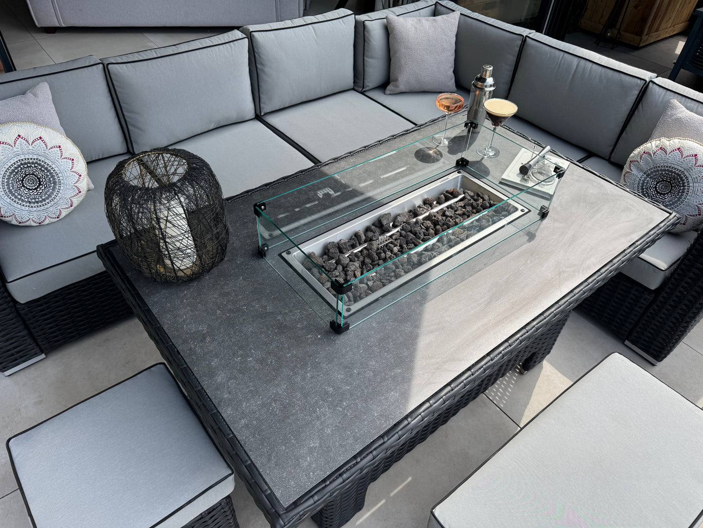 Santa Monica Black Edition Corner Sofa with Rise and Fall Fire Pit Dining Table