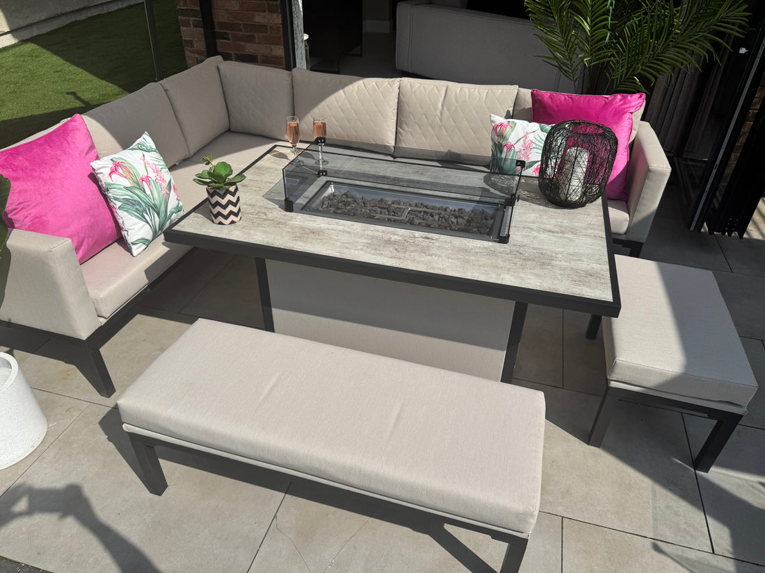Porto Aluminium Corner Sofa with Ceramic Fire Pit Dining Table in Beige