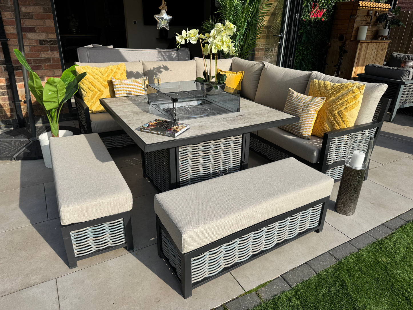 Liberty Aluminium Corner Sofa with Fire Pit Dining Table