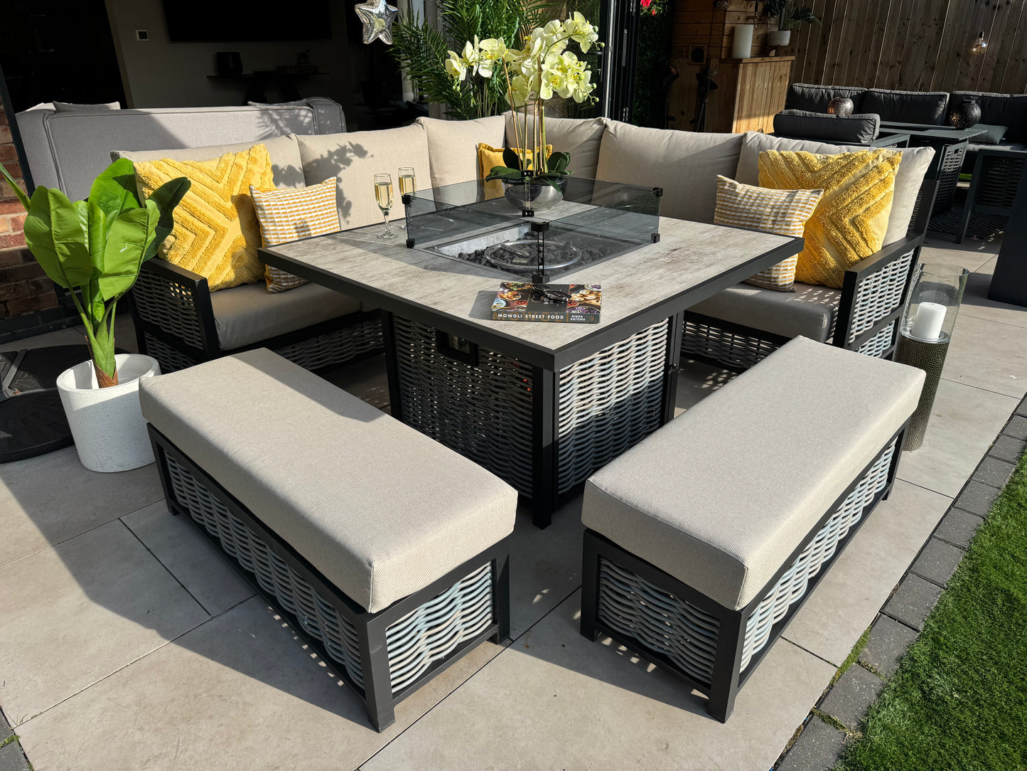 Liberty Aluminium Corner Sofa with Fire Pit Dining Table