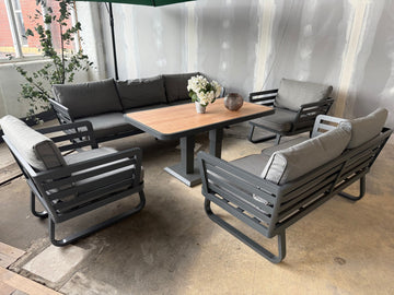 Ex Display Helsinki Luxury Aluminium Sofa Set with Rise and Fall Ceramic Dining Table - The Outlet Home