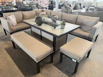 Ex Display Porto Aluminium Corner Sofa with Ceramic Fire Pit Dining Table in Beige - The Outlet Home
