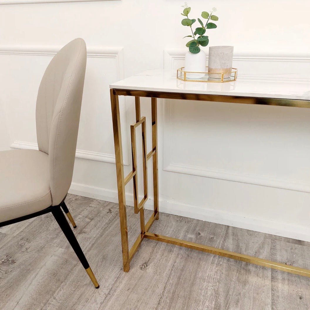 Geo Gold Console Table with Polar White Sintered Top - The Outlet Home