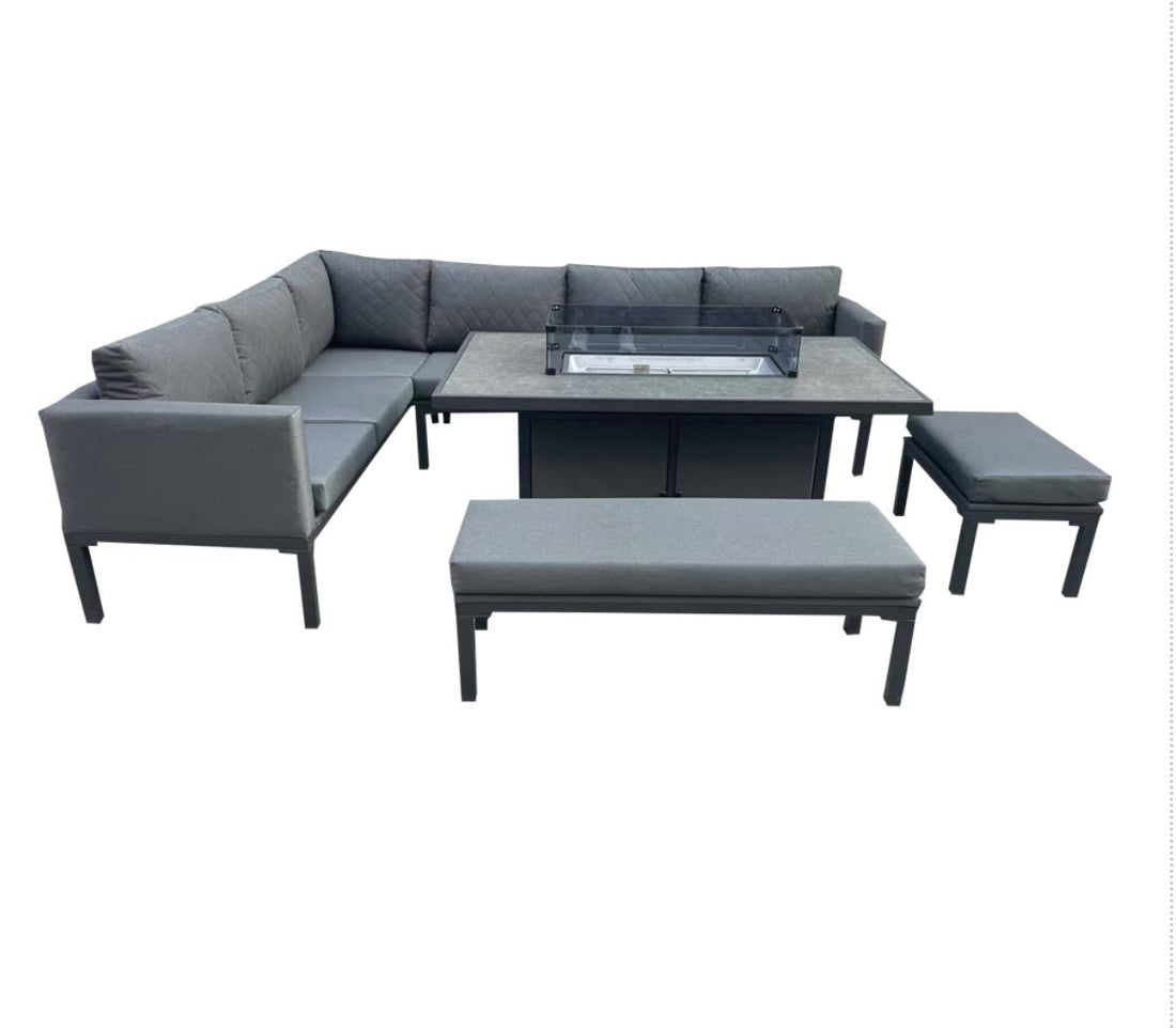 (Grey)Porto Aluminium Corner Sofa with Ceramic Fire Pit Dining Table - The Outlet Home