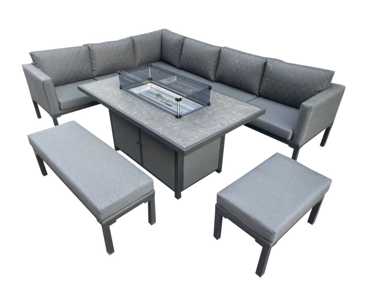 (Grey)Porto Aluminium Corner Sofa with Ceramic Fire Pit Dining Table - The Outlet Home