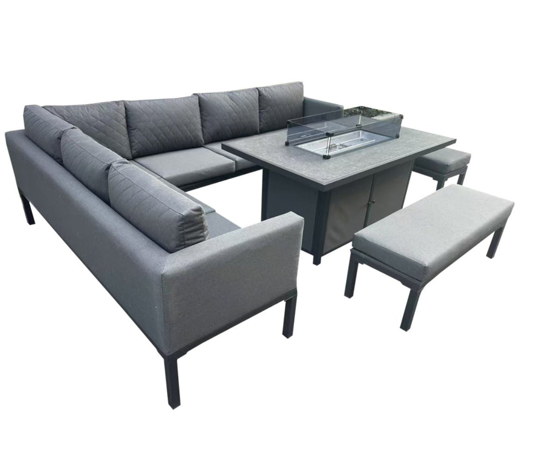 (Grey)Porto Aluminium Corner Sofa with Ceramic Fire Pit Dining Table - The Outlet Home
