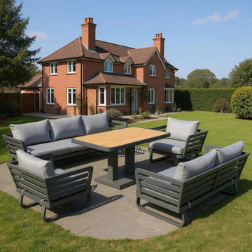 Helsinki Luxury Aluminium Sofa Set with Rise and Fall Ceramic Dining Table - The Outlet Home