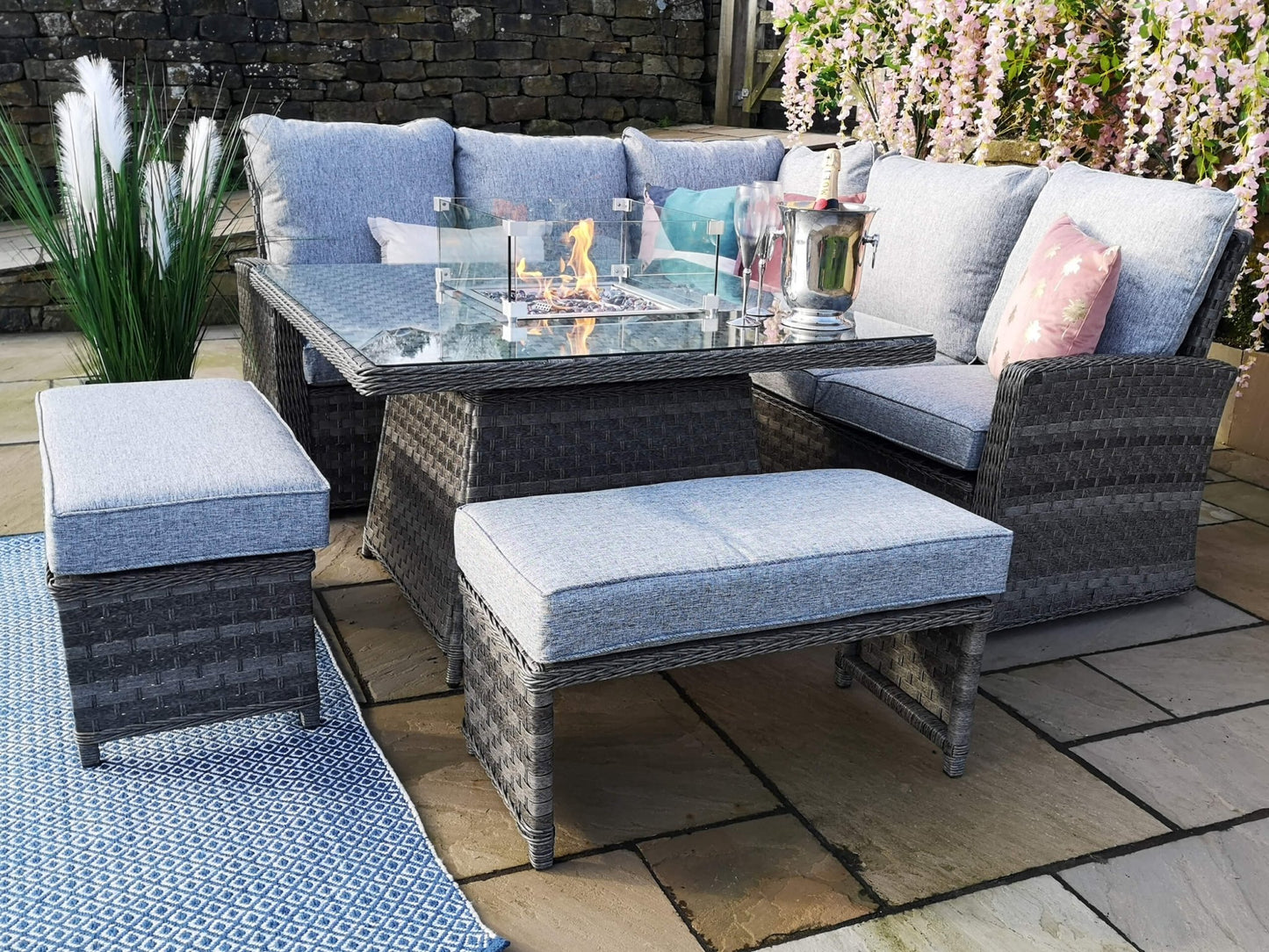St Tropez Rattan Corner Sofa Set with Fire Pit Table - The Outlet Home