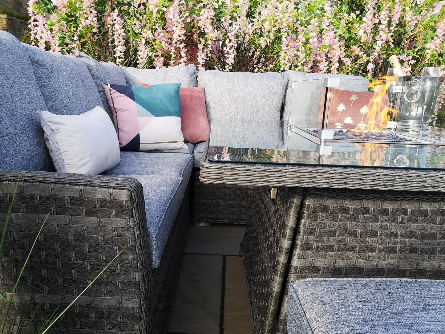 St Tropez Rattan Corner Sofa Set with Fire Pit Table - The Outlet Home