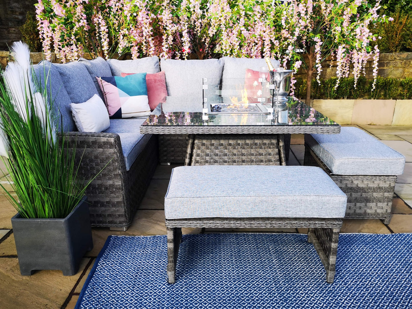 St Tropez Rattan Corner Sofa Set with Fire Pit Table - The Outlet Home