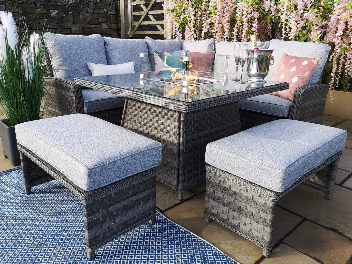 St Tropez Rattan Corner Sofa Set with Fire Pit Table - The Outlet Home