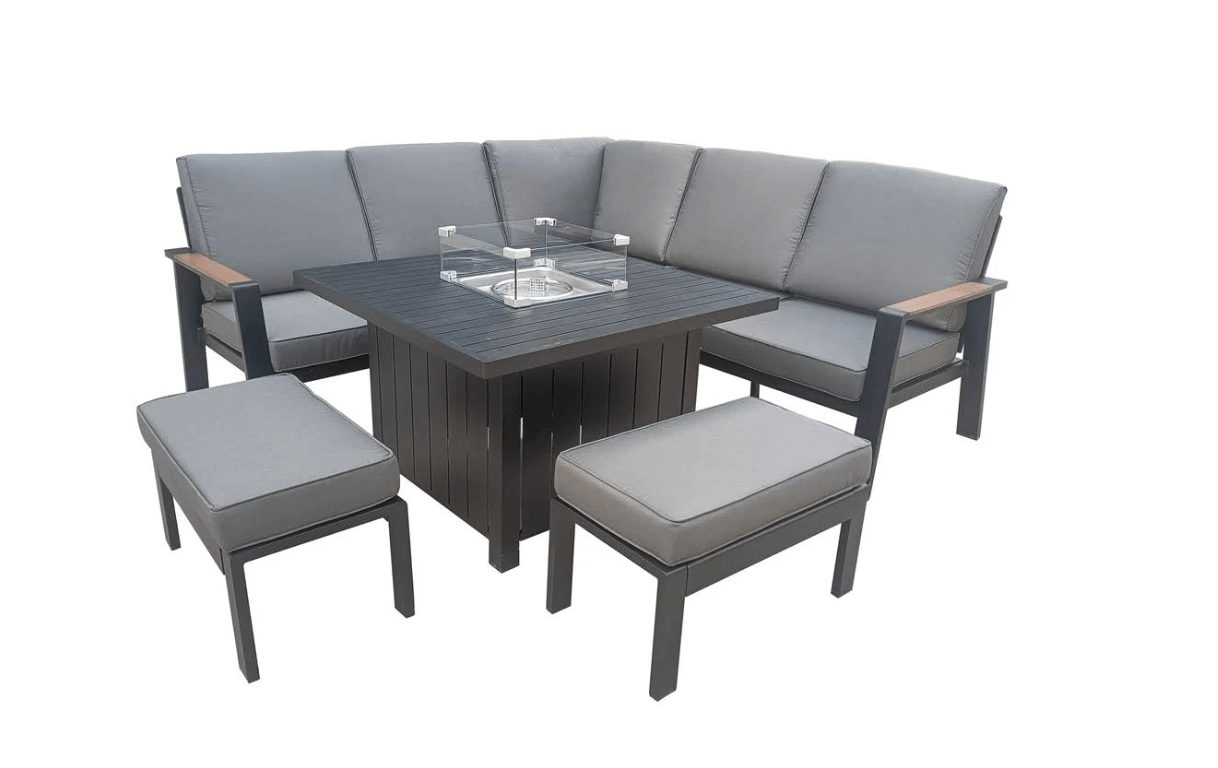 Stockholm Aluminium 7 Seater Rattan Garden Furniture Gas Fire Pit Set - The Outlet Home