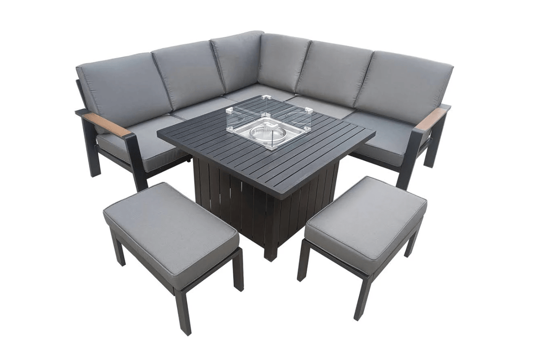 Stockholm Aluminium 7 Seater Rattan Garden Furniture Gas Fire Pit Set - The Outlet Home