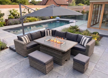 Marseille  Luxury Modular Corner Sofa with Rise and Fall Fire Pit Dining Table in Natural Grey - Order by 17th July for Free Parasol & Weather Cover
