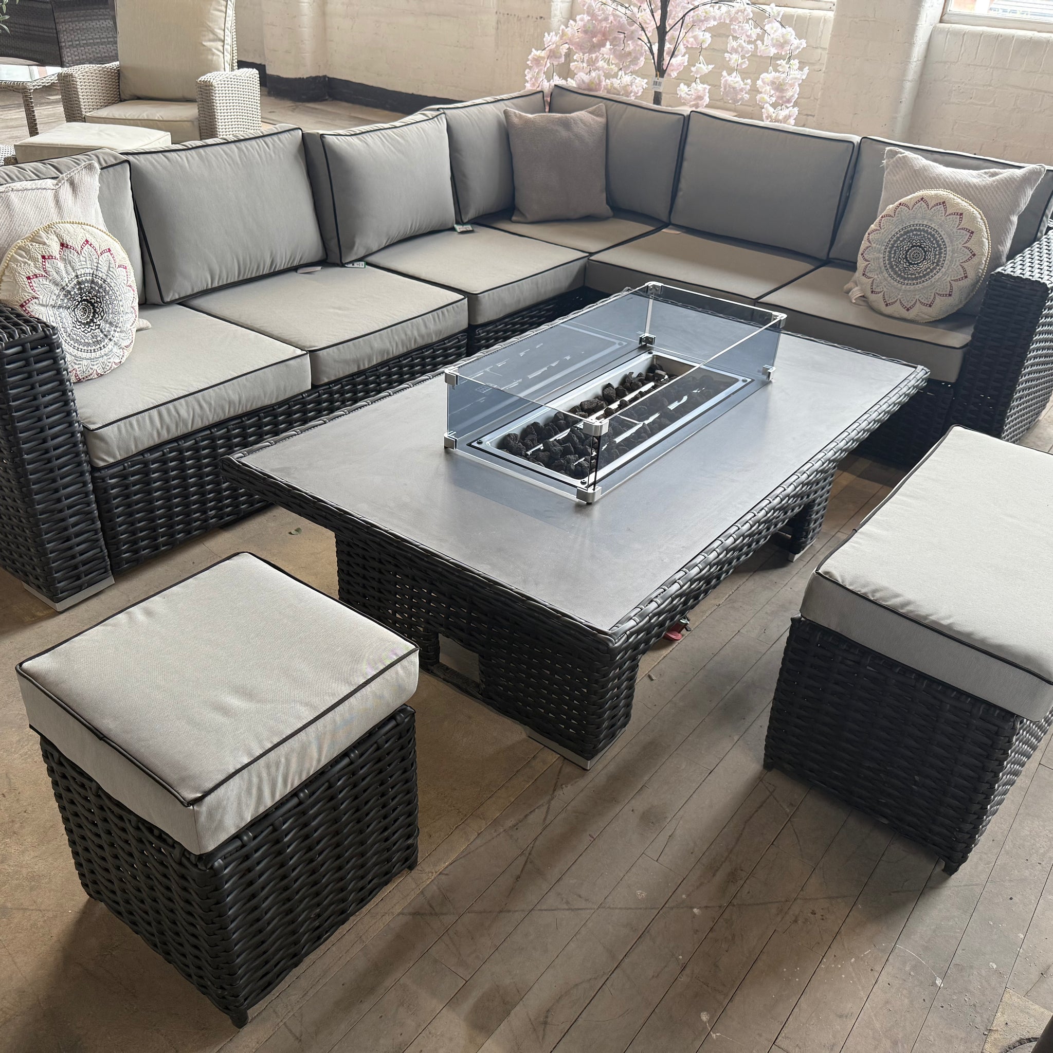 Ex Display Santa Monica Black Edition Corner Sofa with Rise and Fall Fire Pit Dining Table
