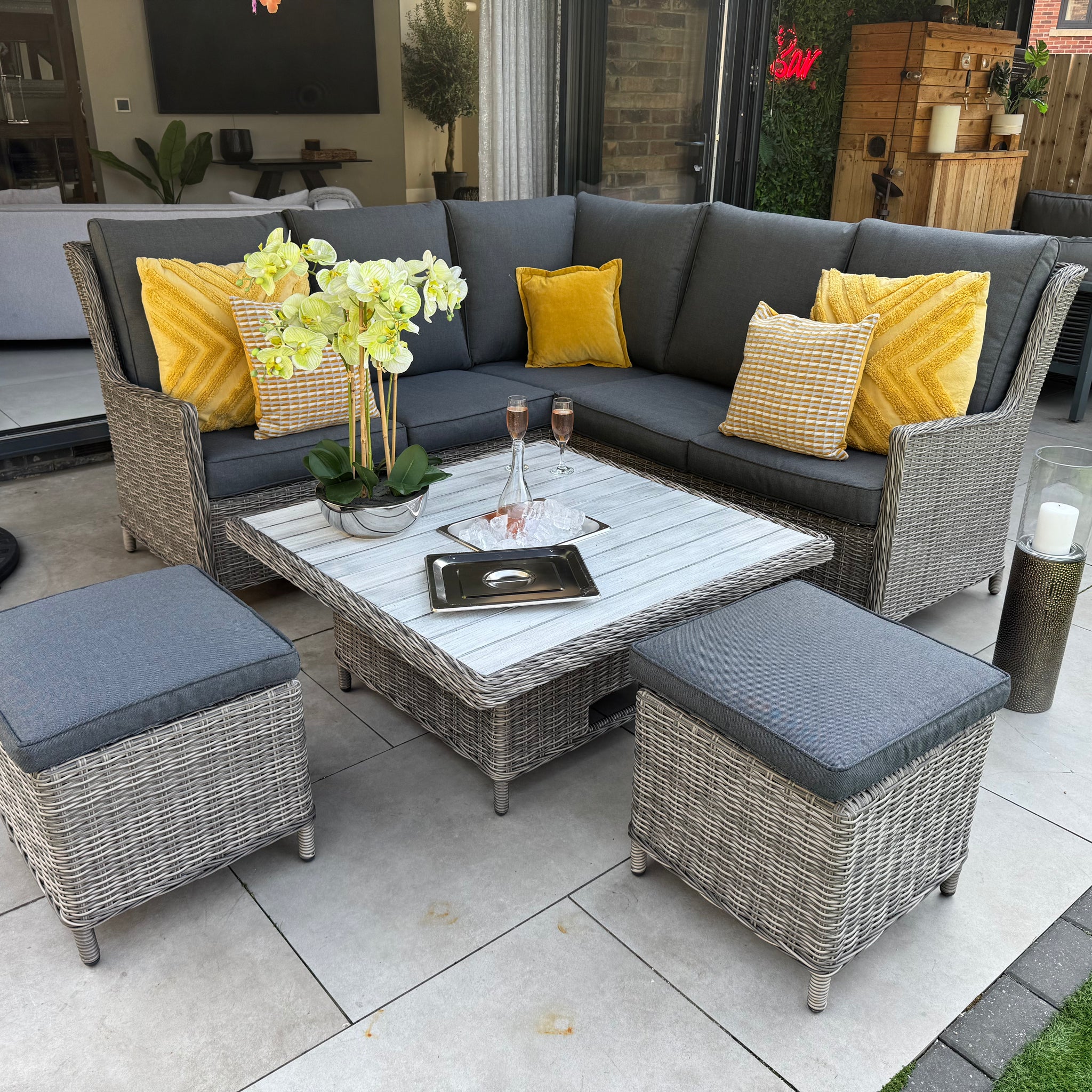 Bali Corner Sofa with Rise and Fall Ice Bucket Dining Table Grey