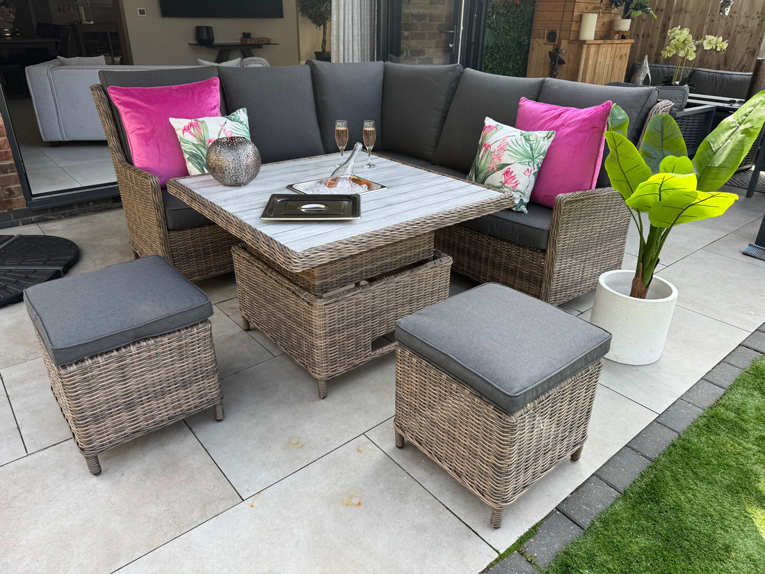 Bali Corner Sofa with Rise and Fall Ice Bucket Dining Table Natural