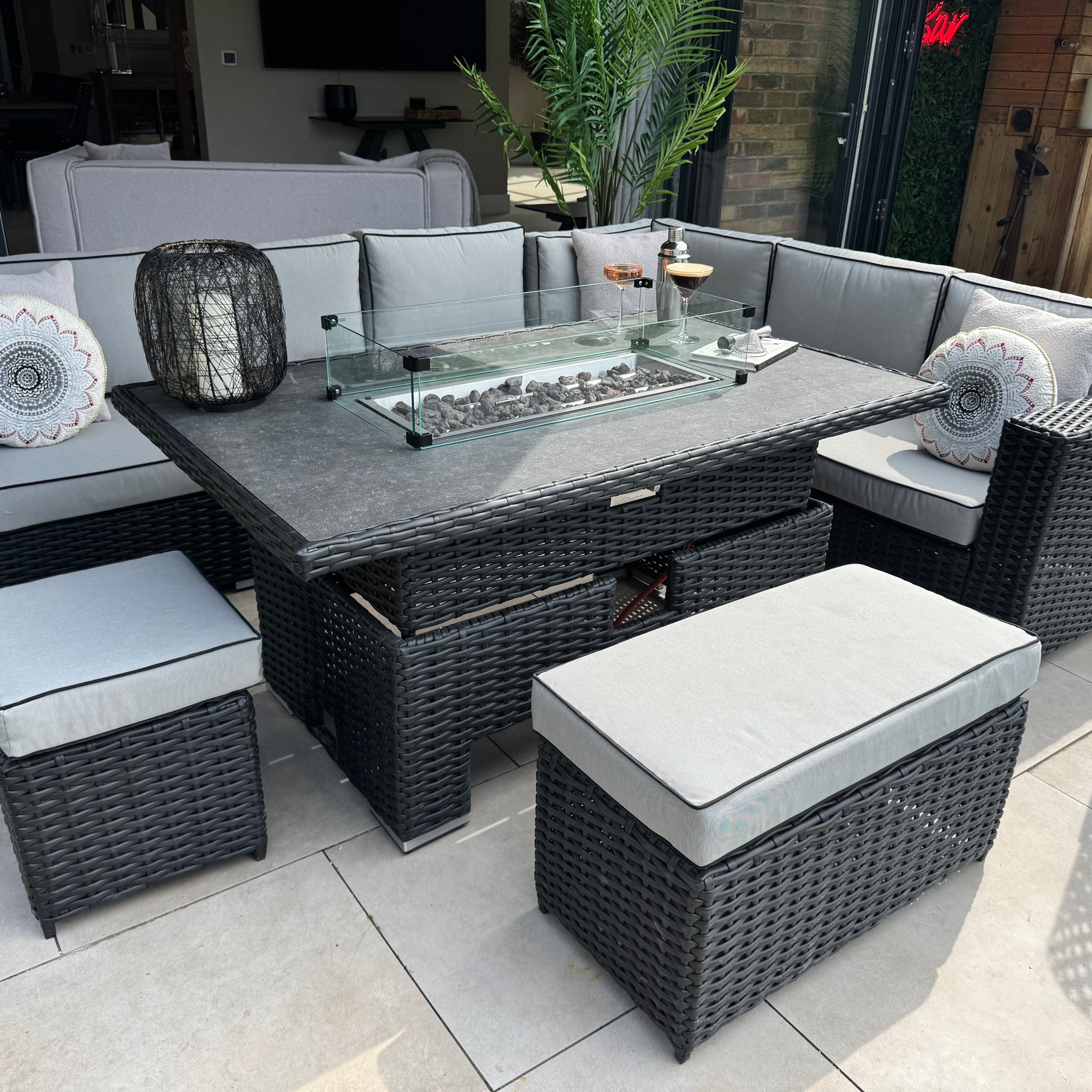 Santa Monica Black Edition Corner Sofa with Rise and Fall Fire Pit Dining Table
