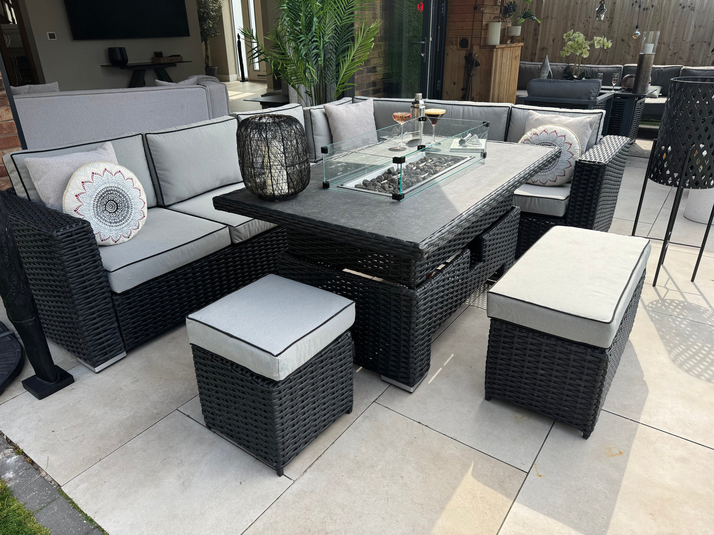 Santa Monica Black Edition Corner Sofa with Rise and Fall Fire Pit Dining Table