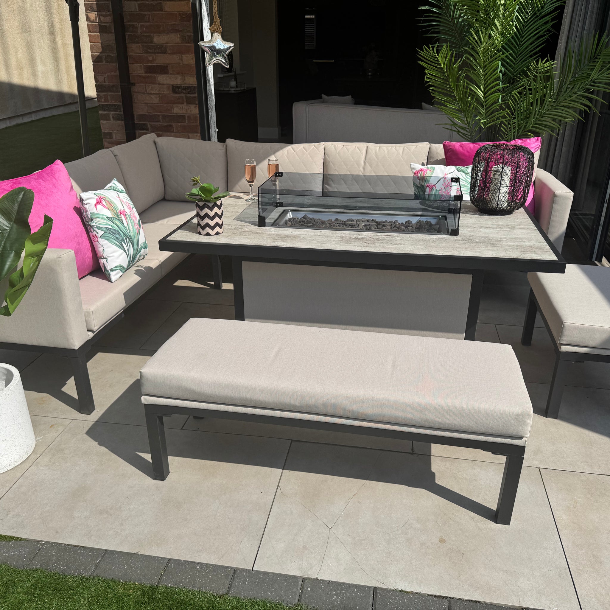 Porto Aluminium Corner Sofa with Ceramic Fire Pit Dining Table in Beige