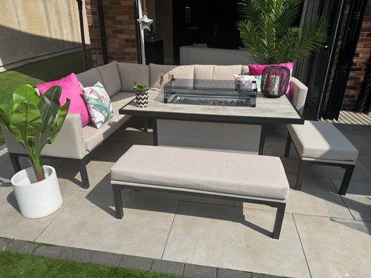 Porto Aluminium Corner Sofa with Ceramic Fire Pit Dining Table in Beige