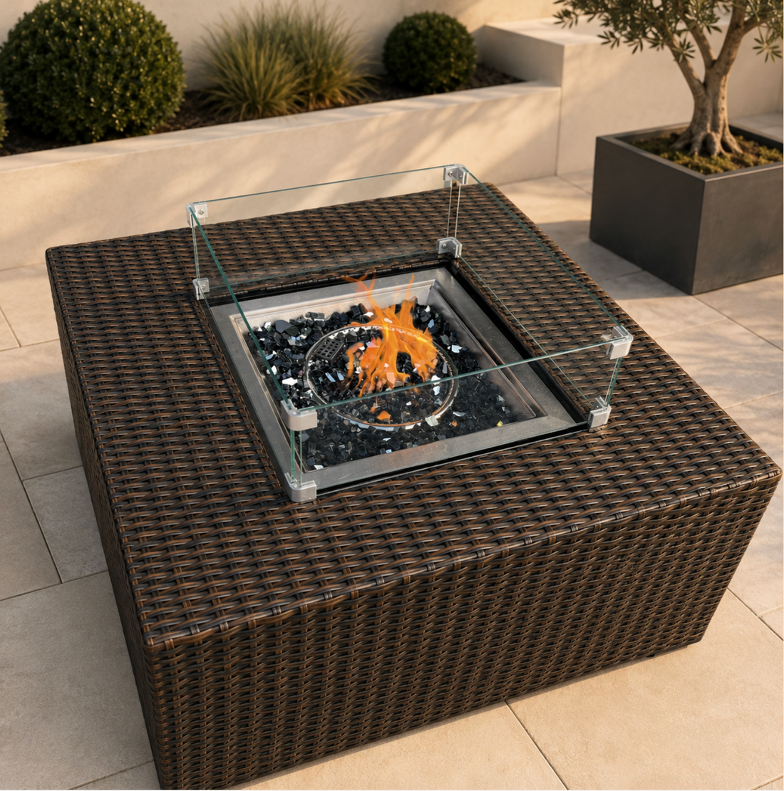 NAPLES COFFEE FIRE-PIT TABLE – BROWN &amp; BLACK RATTAN
