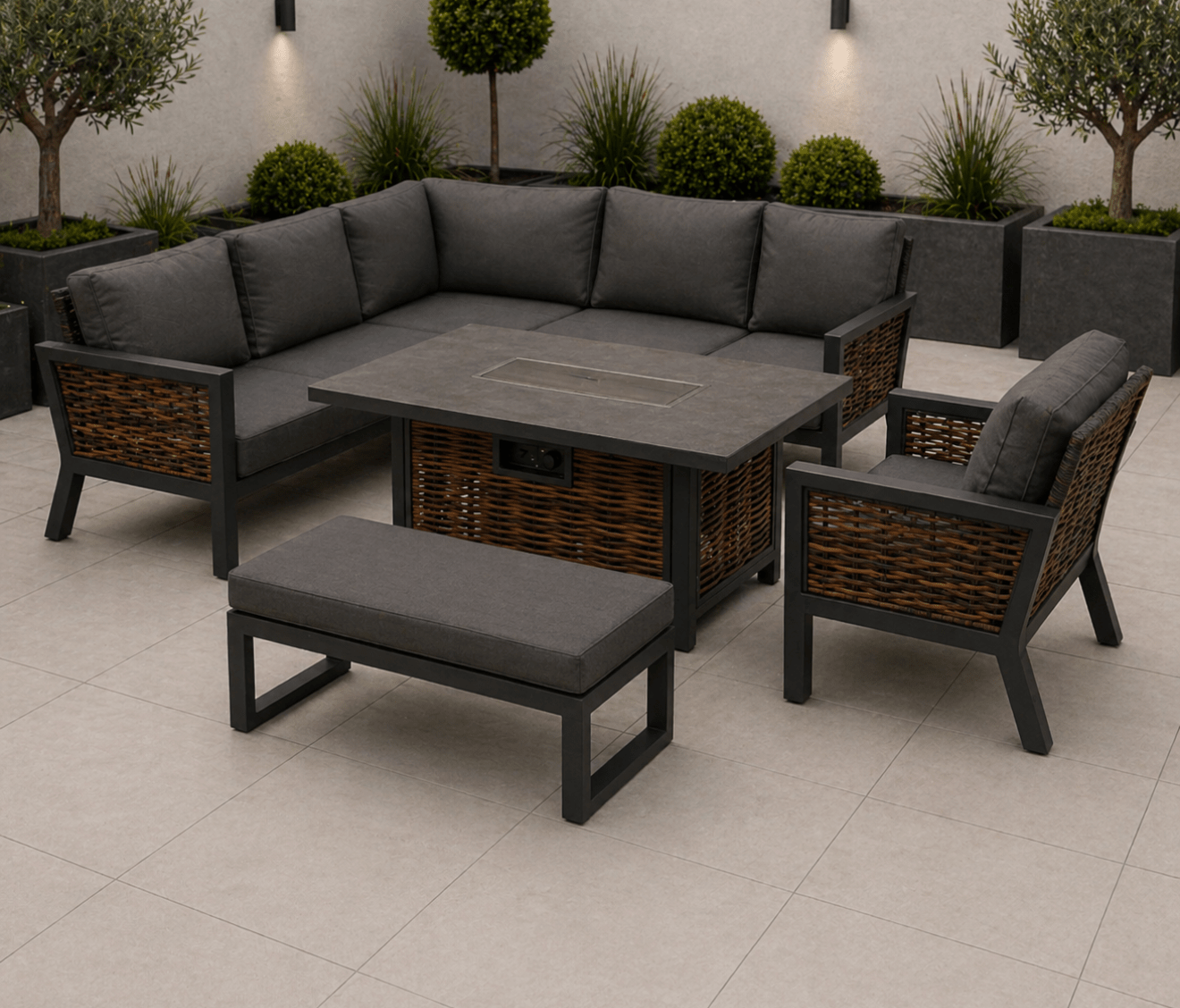 Amber Aluminium Corner Sofa with Fire Pit Dining Table Including Arm - In Stock - The Outlet Home