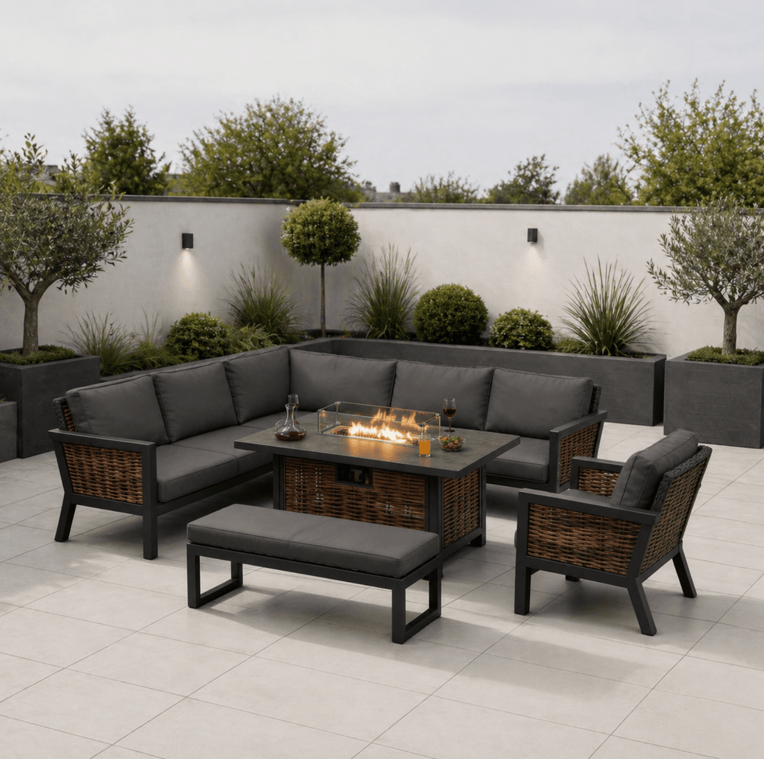 Amber Aluminium Corner Sofa with Fire Pit Dining Table Including Arm - In Stock - The Outlet Home