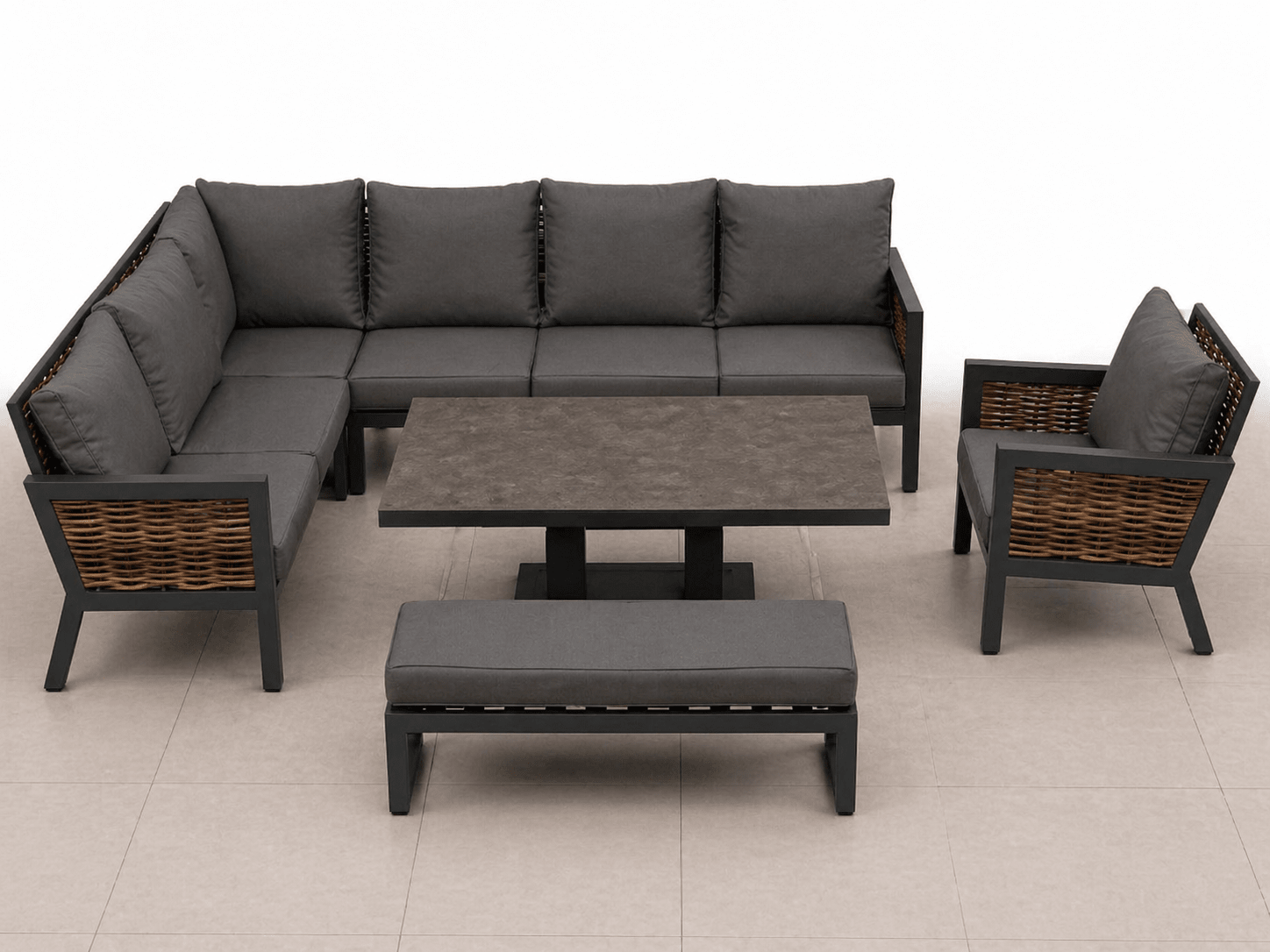 Amber Aluminium Luxury Corner Sofa with Rise and Fall Dining Table - In Stock - The Outlet Home