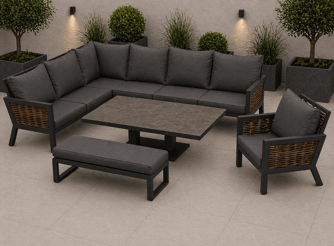 Amber Aluminium Luxury Corner Sofa with Rise and Fall Dining Table - In Stock - The Outlet Home