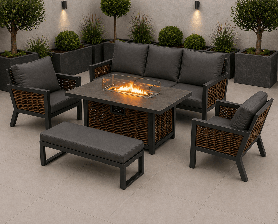 Amber Aluminium Luxury Sofa Set with Fire Pit Dining Table - In Stock - The Outlet Home