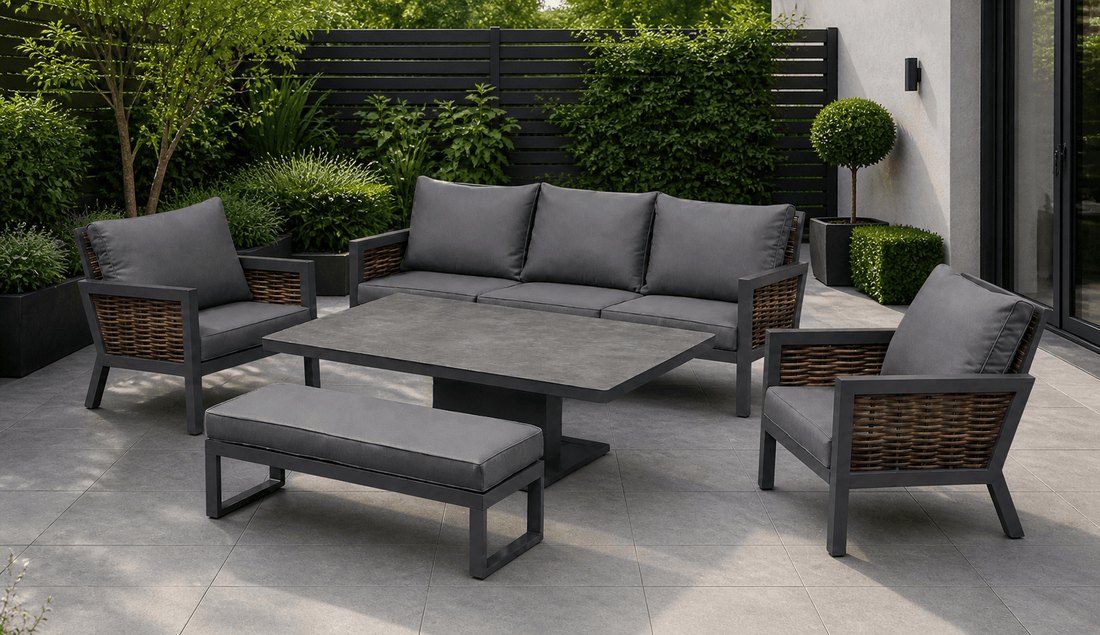 Amber Aluminium Luxury Sofa Set with Rise and Fall Pit Dining Table - In Stock - The Outlet Home