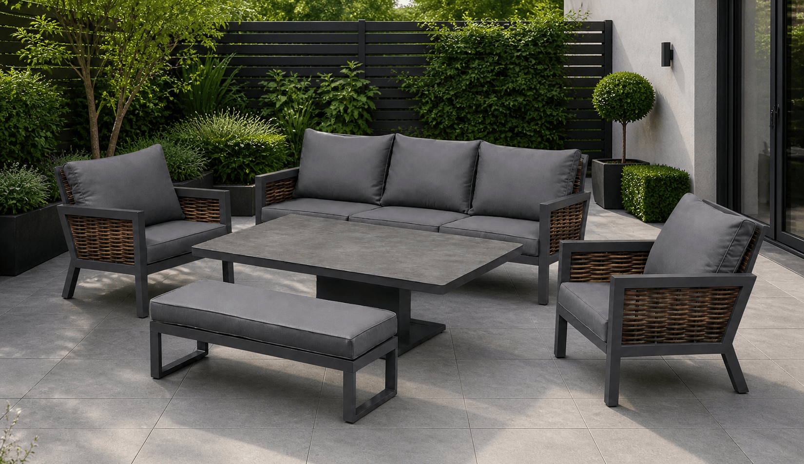 Amber Aluminium Luxury Sofa Set with Rise and Fall Pit Dining Table - Order by 5th May for Free Parasol & Weather Cover - The Outlet Home