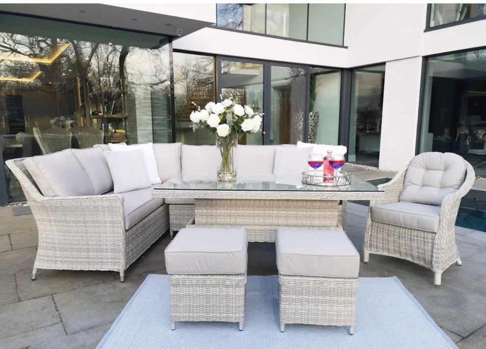 Antigua Corner Sofa Set with Rising Table, Stools & Armchair - Pre-ord