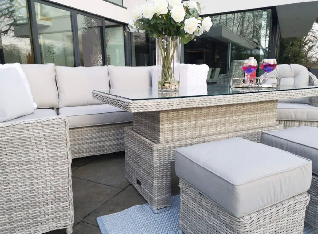 Antigua Corner Sofa Set with Rising Table, Stools & Armchair - Pre-ord