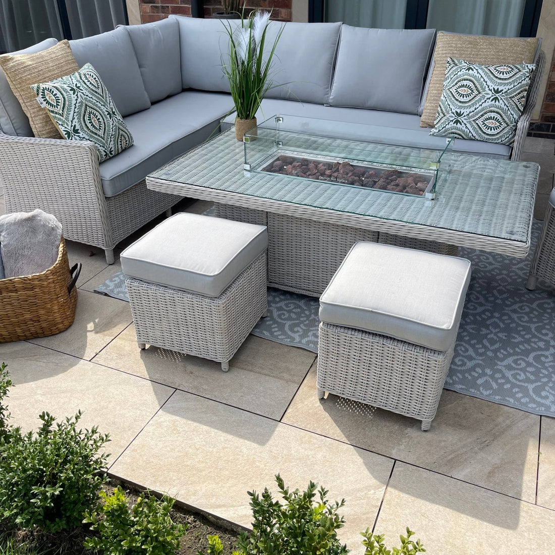 Antigua Corner Sofa Set with Rising Fire Pit Table, Stools & Armchair - Pre - order due in 20th February - The Outlet Home