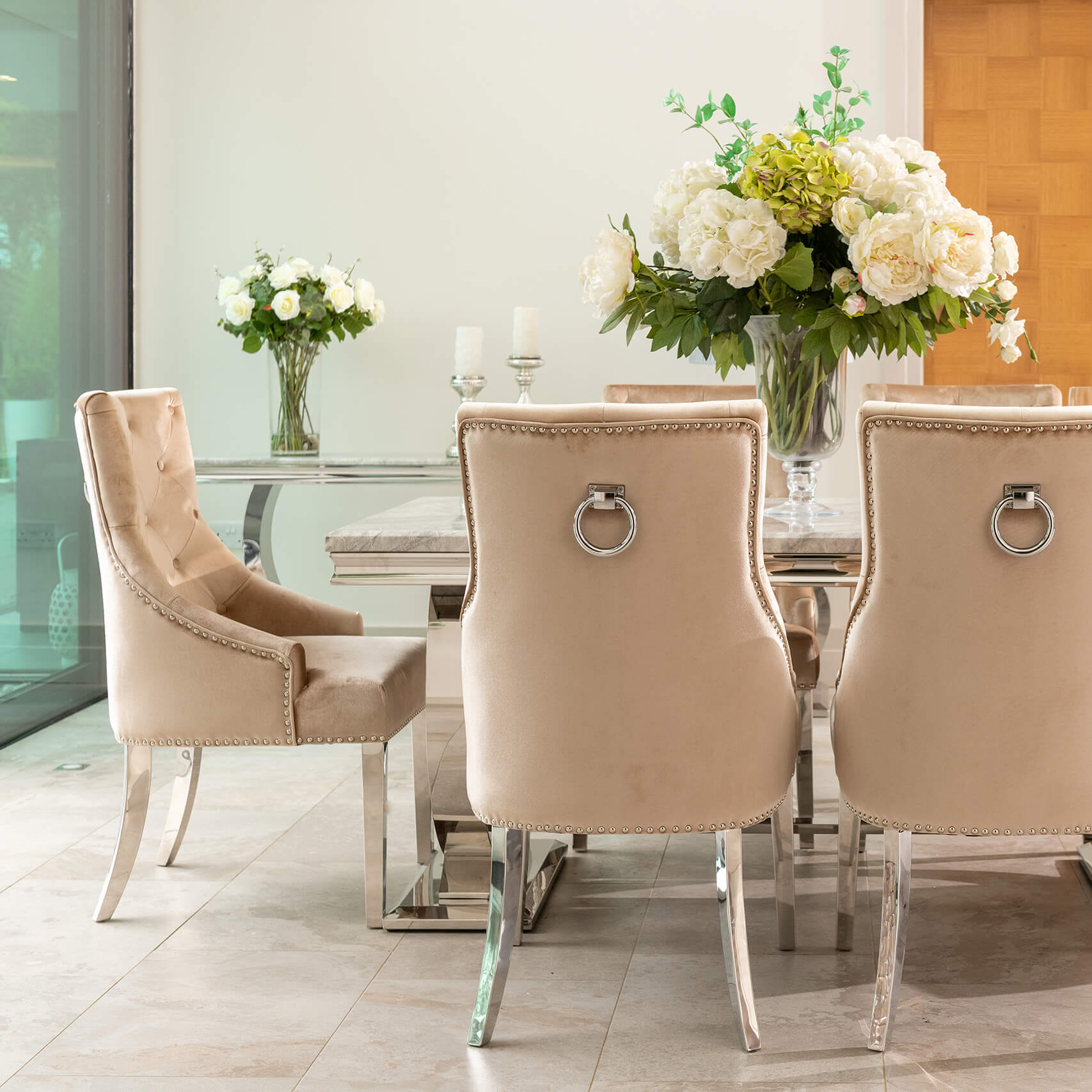 Arianna Grey Marble Dining Table with 4 or 6 Cheshire Chairs Champage - The Outlet Home